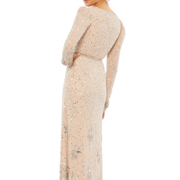 MAC DUGGAL 10769 SEQUINED FLORAL EMBELLISHED LONG SLEEVE SILVER NUDE GOWN sz 12 - Picture 3 of 6